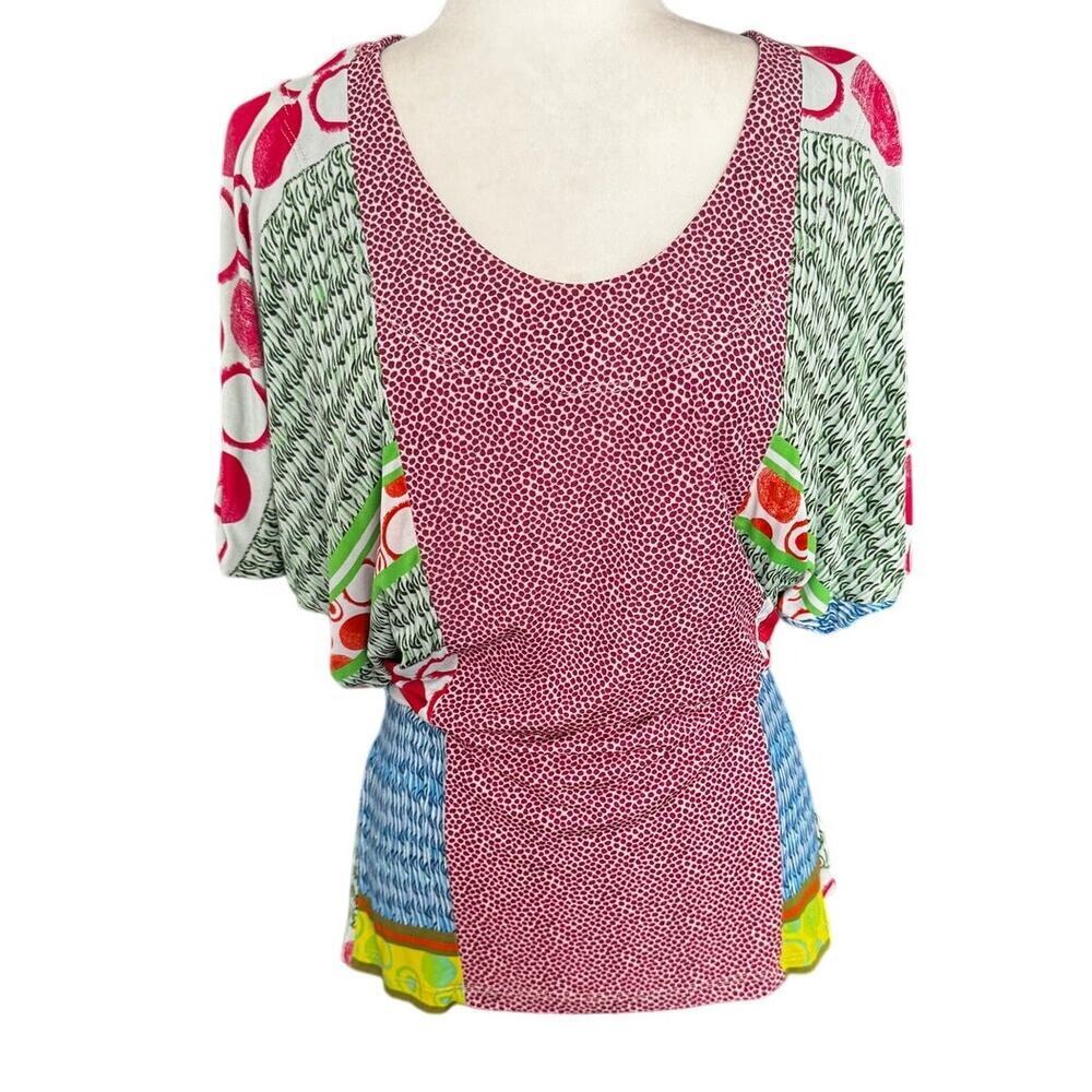 Save the Queen Made in Italy Belted Batwing Top M Patchwork Print Avant Garde - Picture 2 of 8